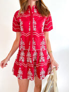 Montauk Clifton Shirt by WE ARE SUNDAYS in red with intricate embroidery and scalloped accents