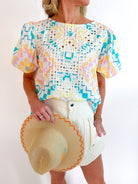Multicolor geometric print blouse with puff sleeves