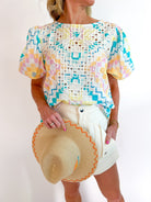 Multicolor geometric print blouse with puff sleeves