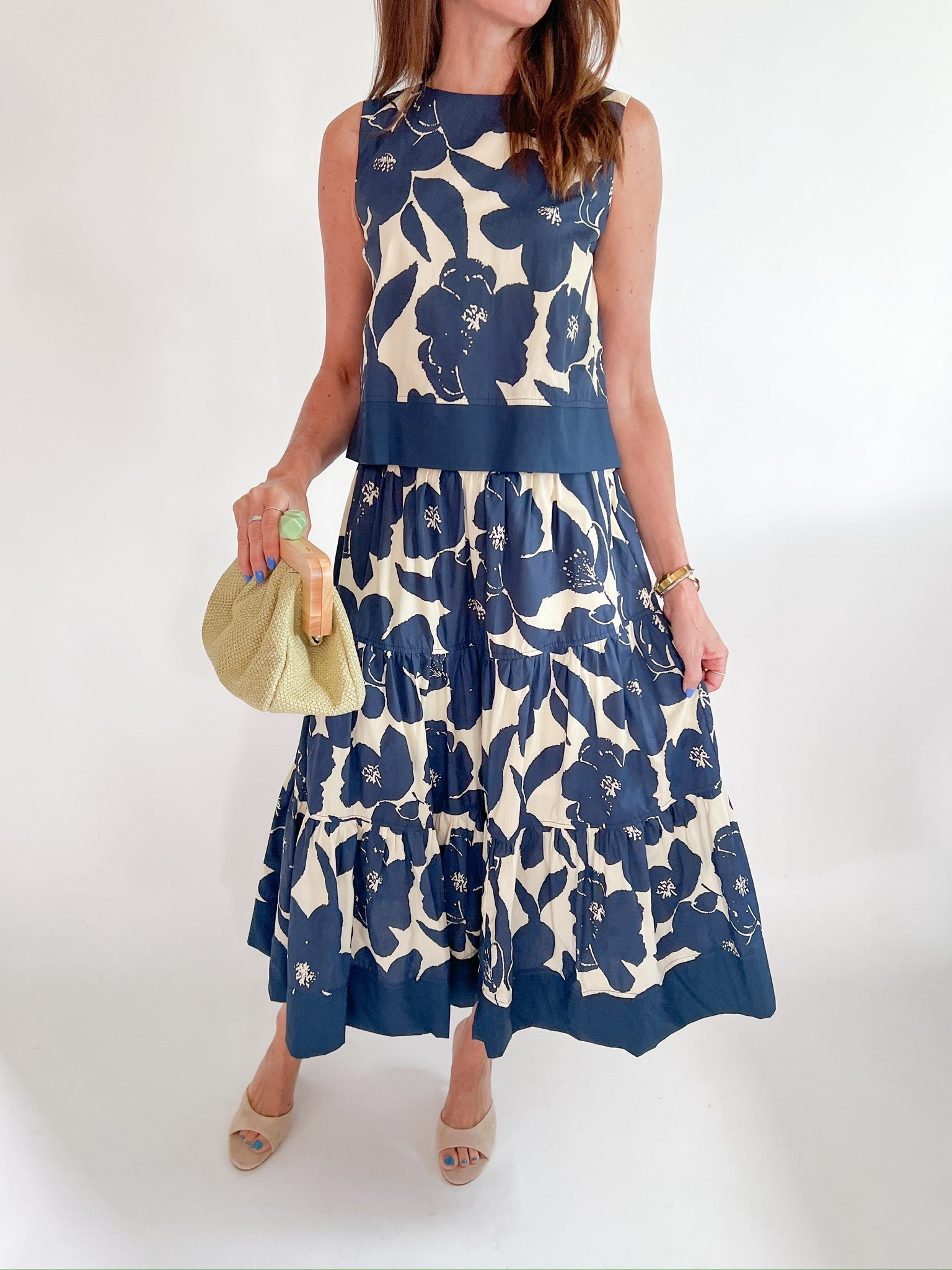 Navy floral tiered midi skirt with ruffle hem