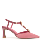 Dark pink satin T-strap heel with jeweled ankle strap