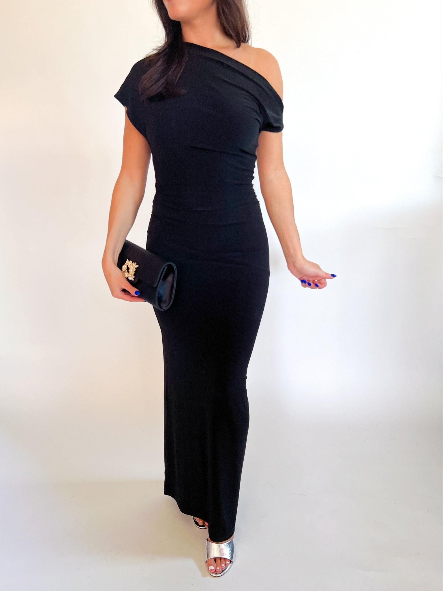 Black one-shoulder maxi dress with ruched waist