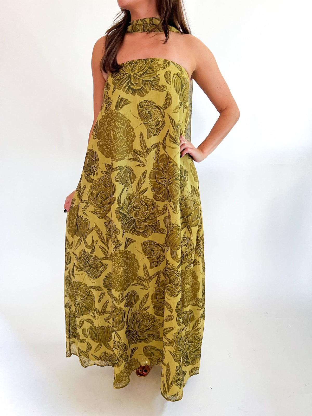 Olive Strapless Maxi Dress With Scarf - Swoon Boutique New Orleans