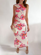 Floral one-shoulder maxi dress with ruched bodice