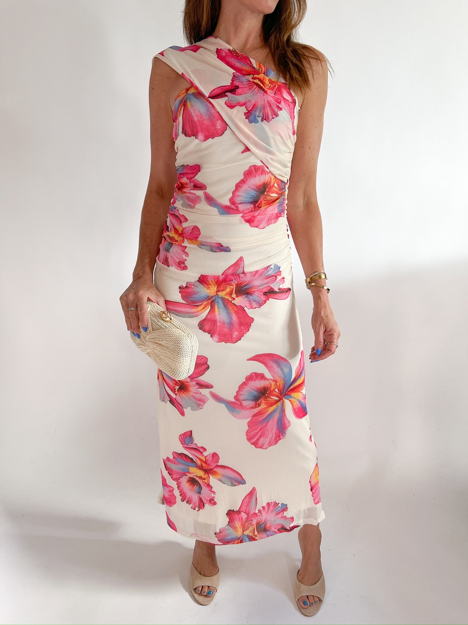 Floral one-shoulder maxi dress with ruched bodice