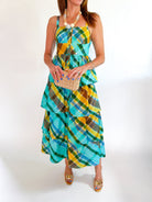 Blue plaid sleeveless maxi dress with tiered skirt