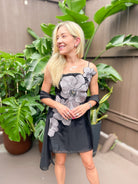 Orchid Appliqué Spaghetti Strap Mini Dress with oversized 3D orchid flowers in black silver