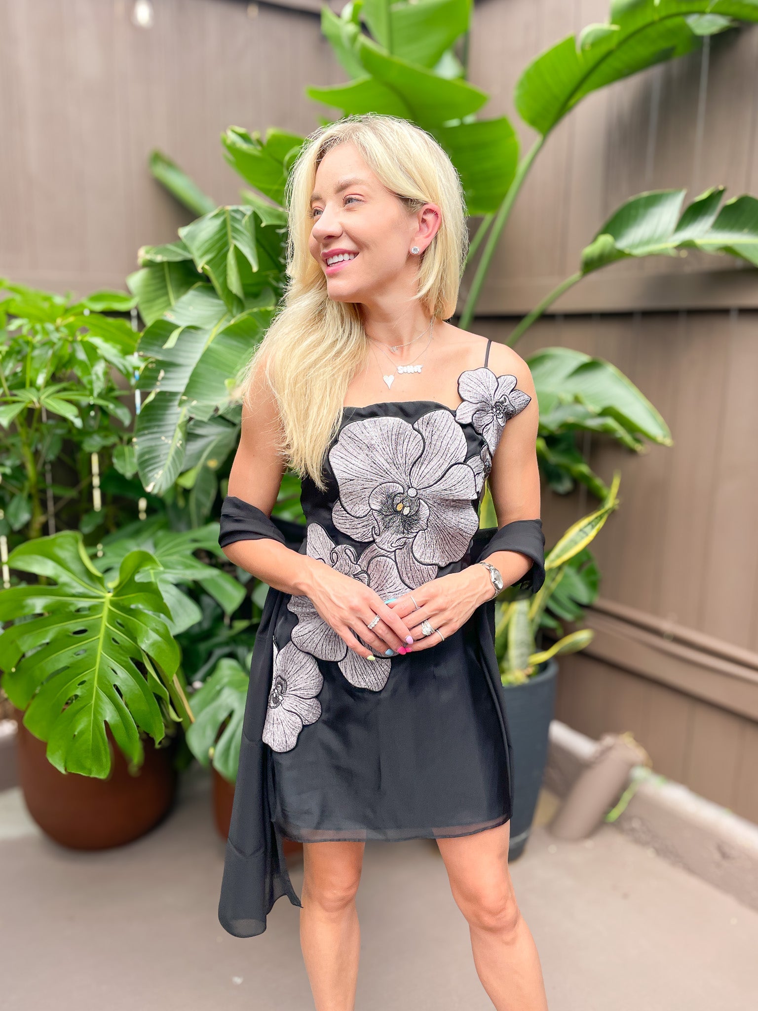 Orchid Appliqué Spaghetti Strap Mini Dress with oversized 3D orchid flowers in black silver