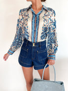 Blue paisley print button front blouse