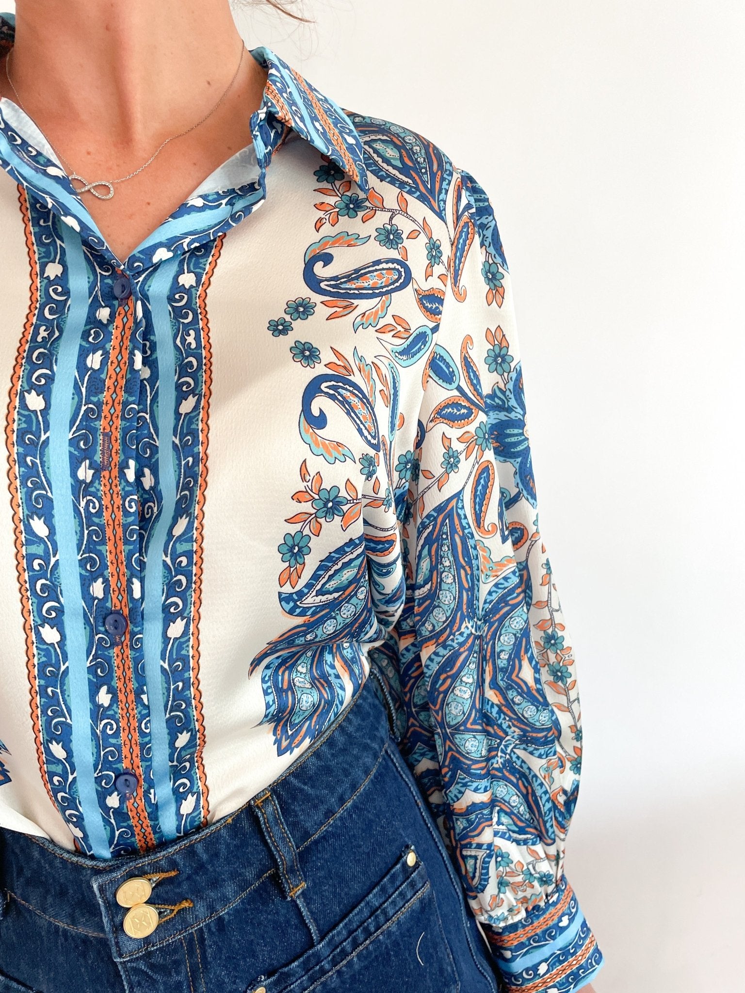 Paisley Border Print Button Front Blouse - Swoon Boutique New Orleans