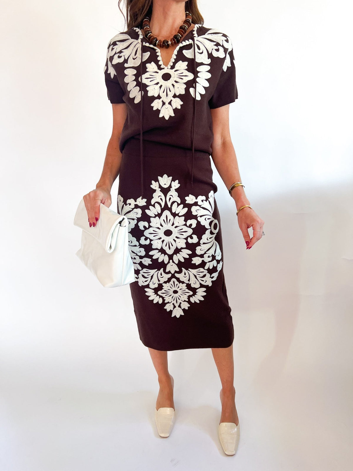 Brown multicolor embroidered top and midi skirt set