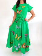 Green butterfly print maxi dress with tie waist