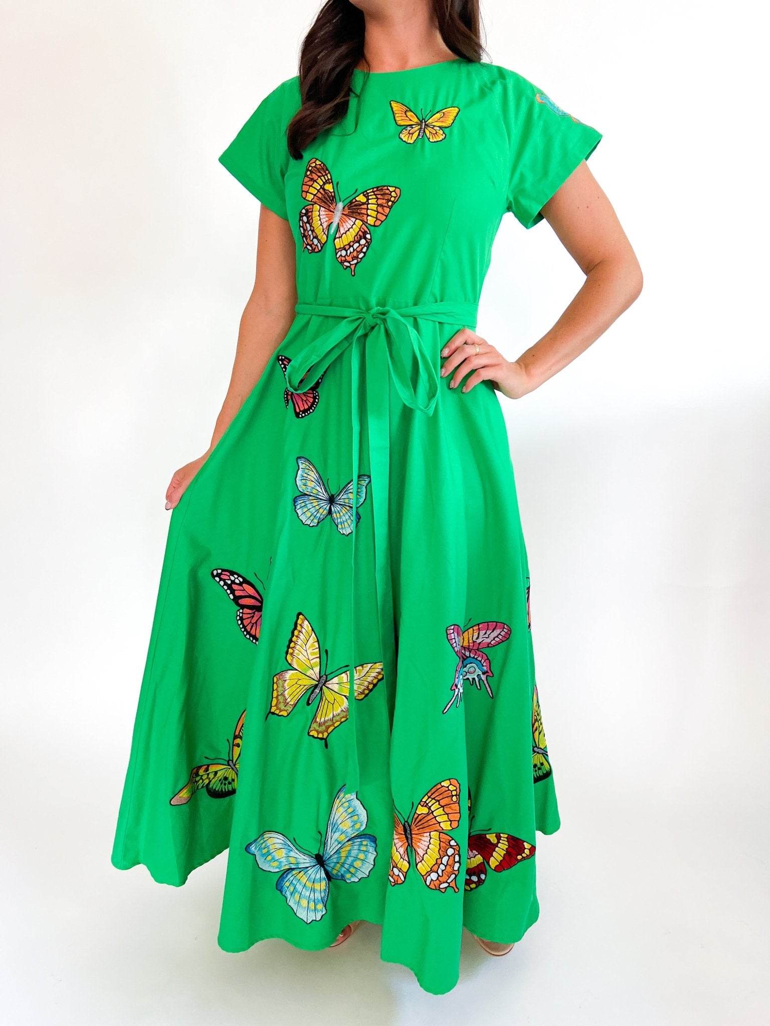 Green butterfly print maxi dress with tie waist