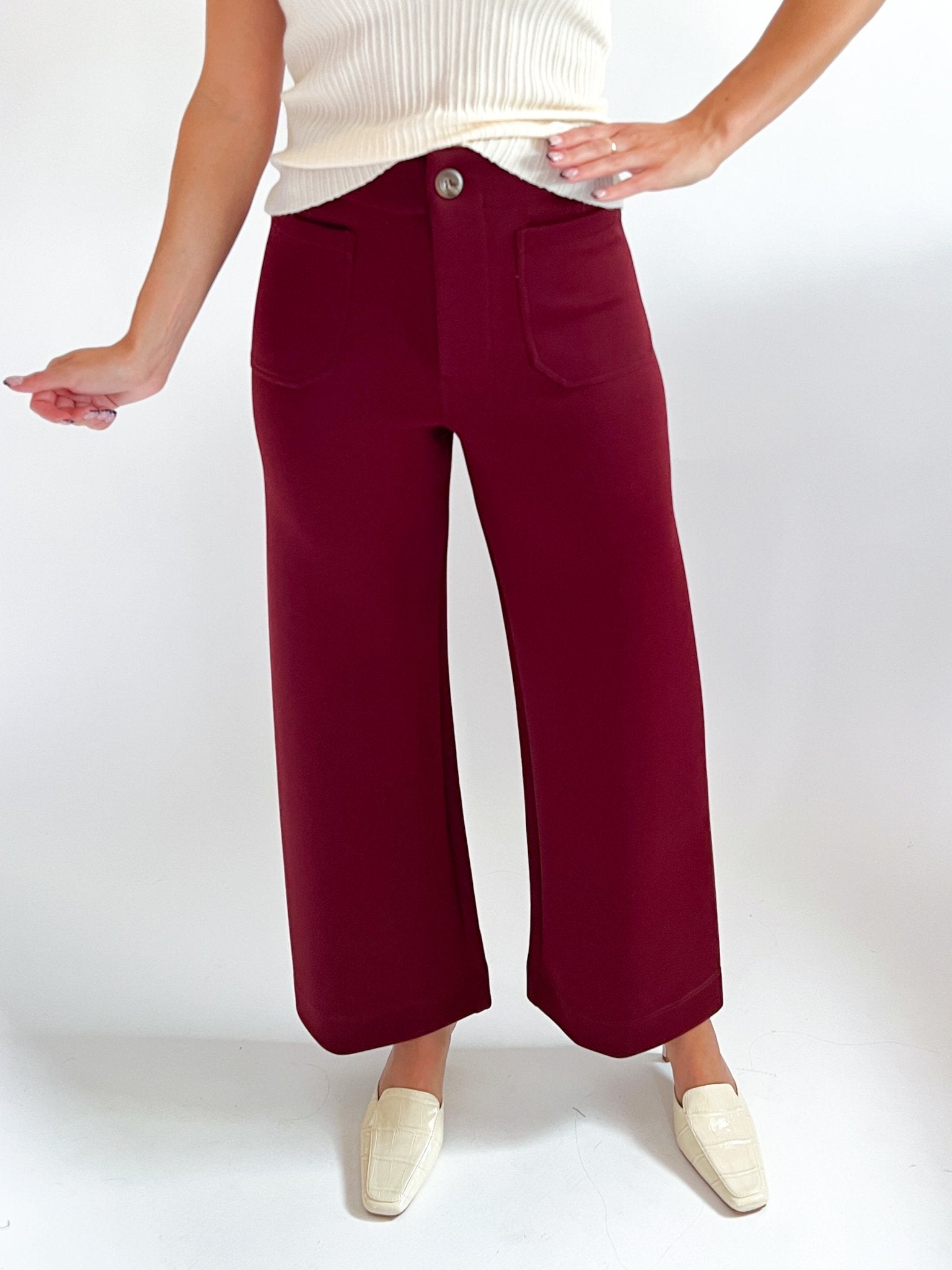 Red wide leg knit pants with patch pockets