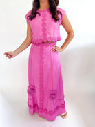 Pink floral A-line maxi skirt with flattering flowing silhouette