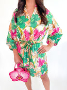 Petal Pop Front Split Button Dress by JOY JOY in green multi floral print