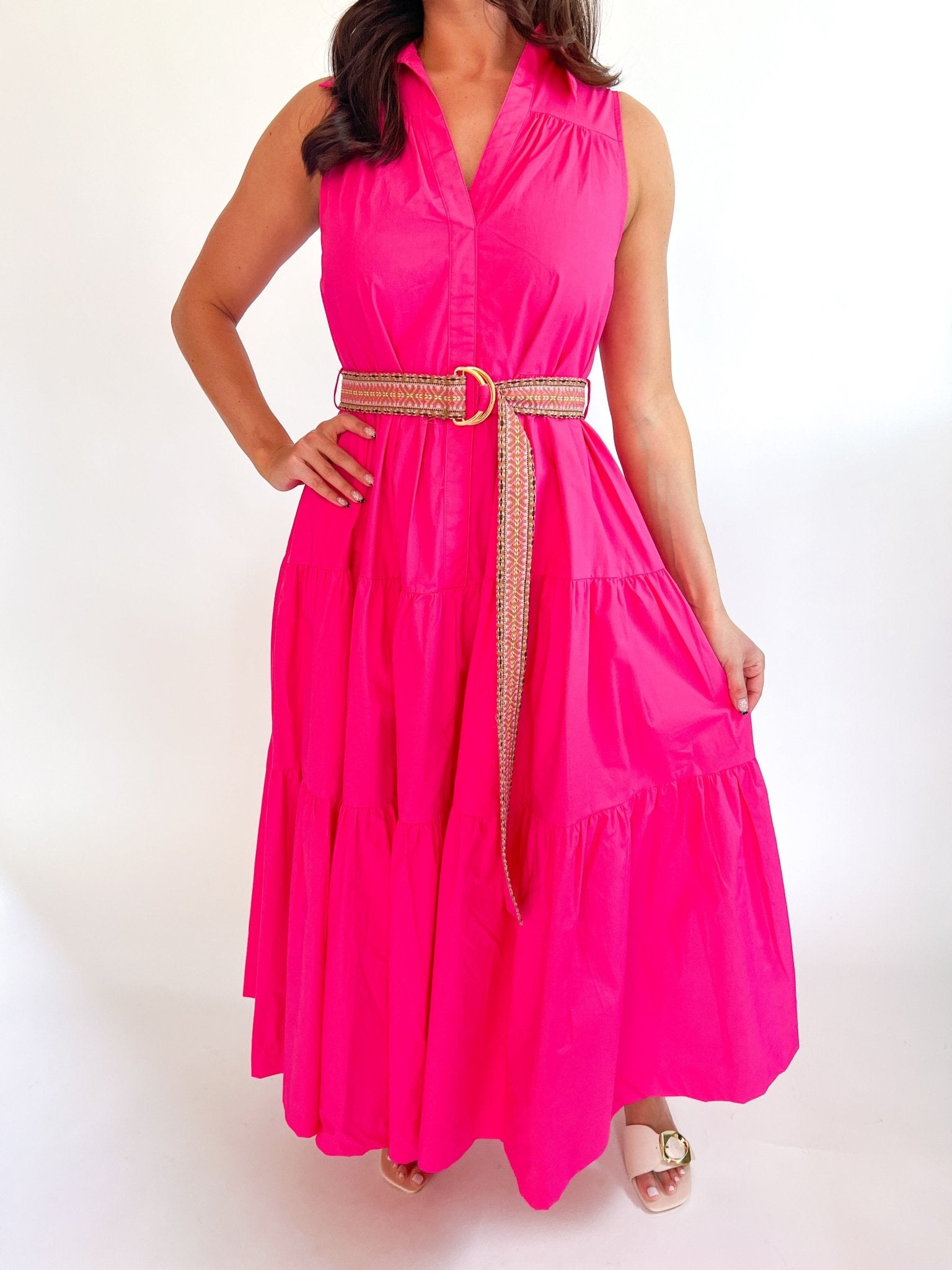 Pink Sunset A-Line Midi Dress with tiered skirt and embroidered belt detail