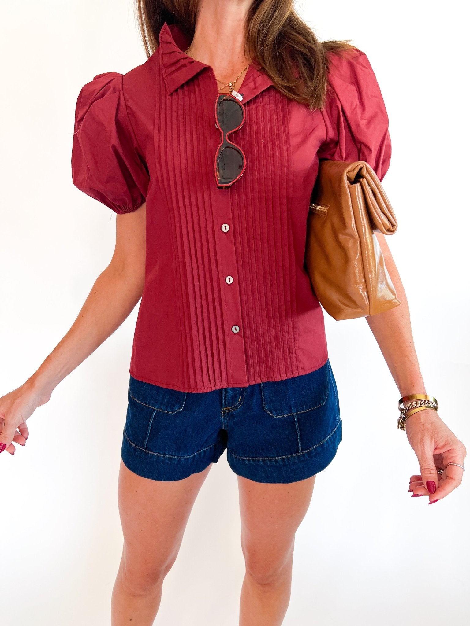 Pintuck Puff Sleeve Button Front Top - Swoon Boutique New Orleans