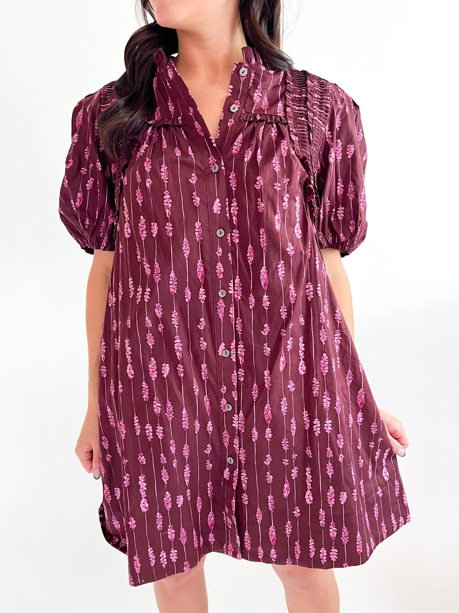 Plum floral mini dress with pintuck detailing