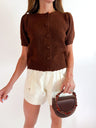 Brown pointelle knit cardigan with puff sleeves