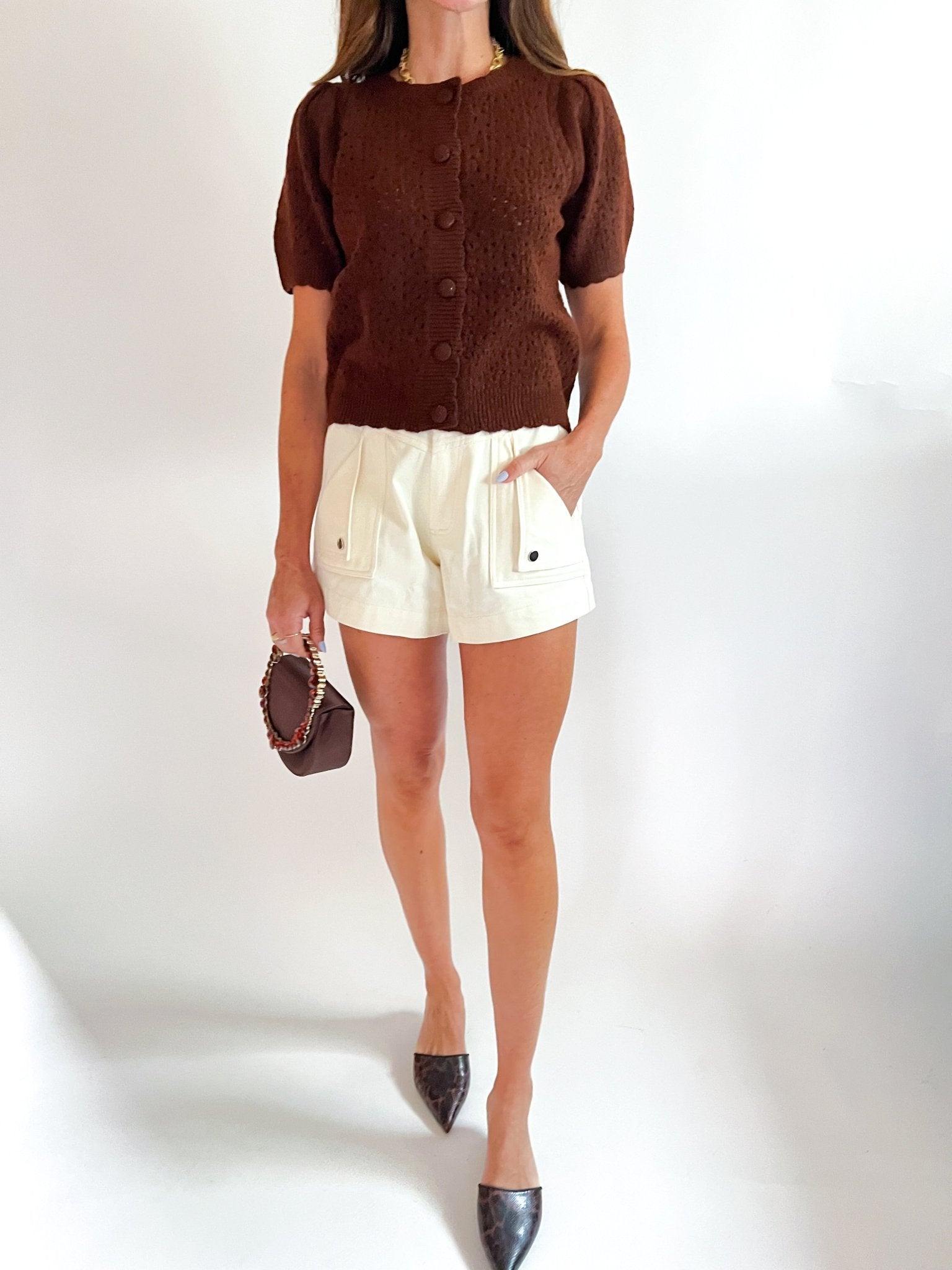 Pointelle Puff Sleeve Knit Cardigan - Swoon Boutique New Orleans
