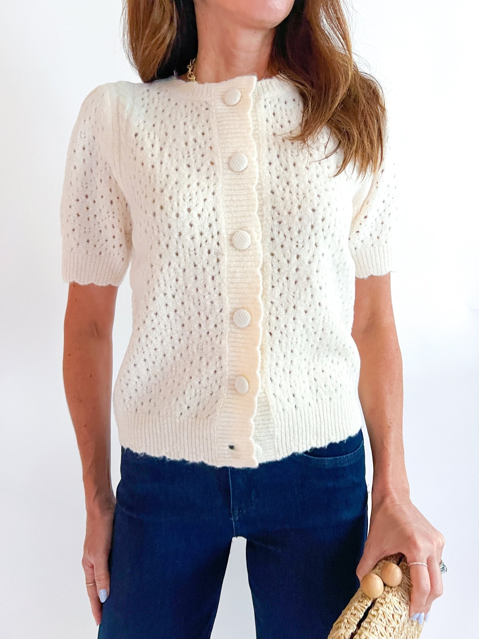 Pointelle Puff Sleeve Knit Cardigan - Swoon Boutique New Orleans