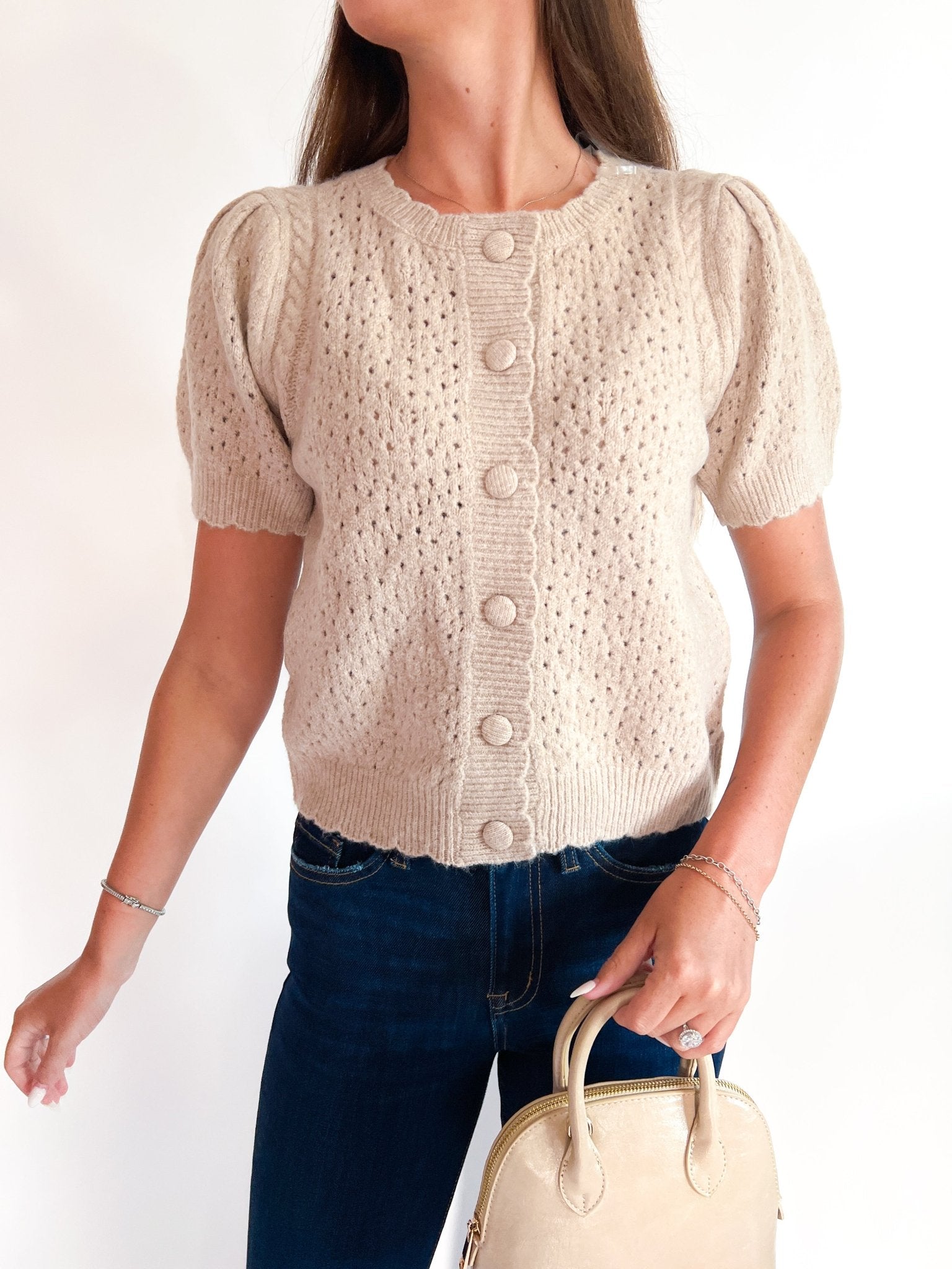 Pointelle Puff Sleeve Knit Cardigan - Swoon Boutique New Orleans