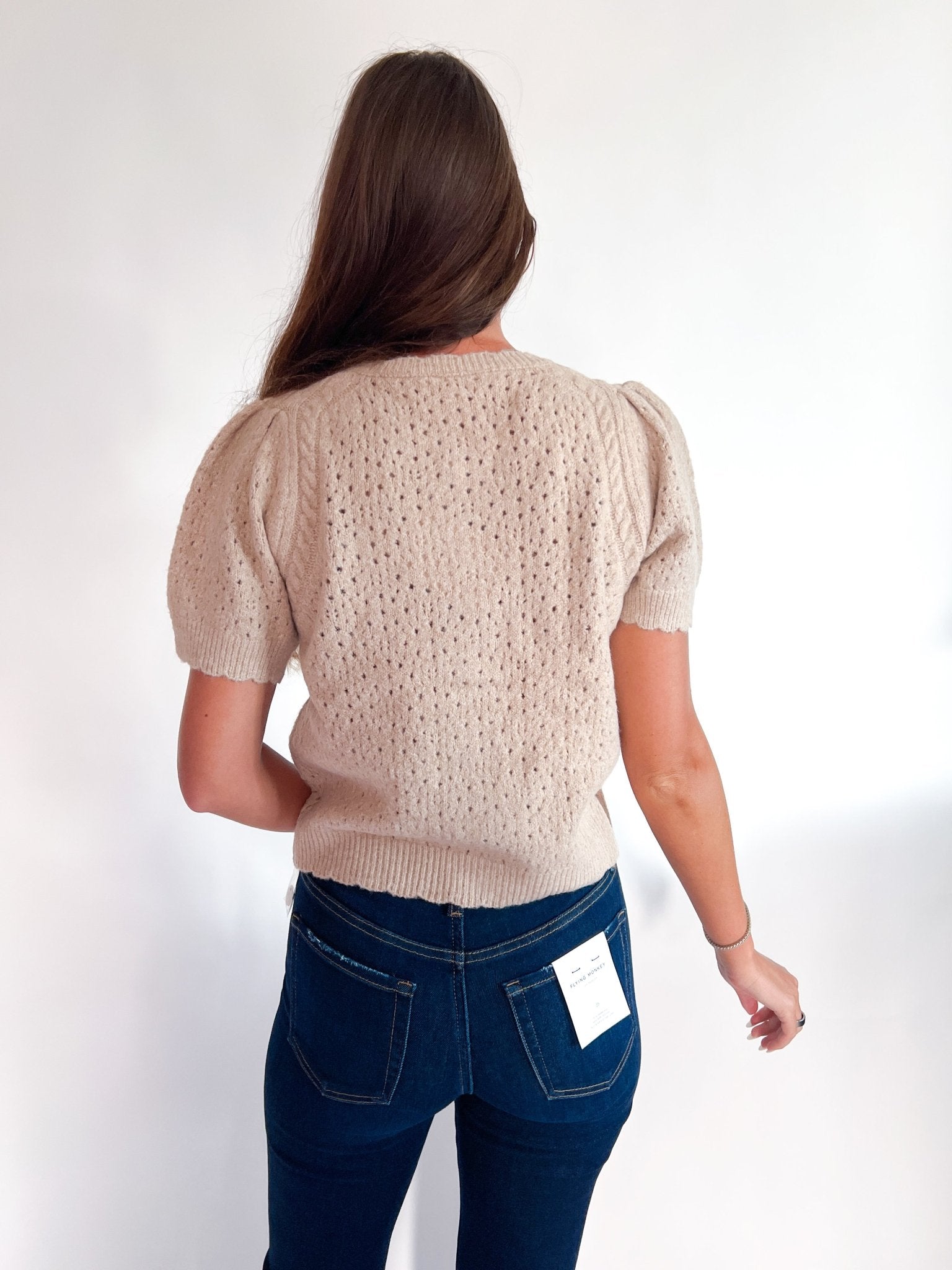 Pointelle Puff Sleeve Knit Cardigan - Swoon Boutique New Orleans
