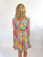Floral mini dress with cap sleeves and tie waist