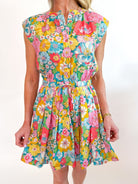 Floral mini dress with cap sleeves and tie waist