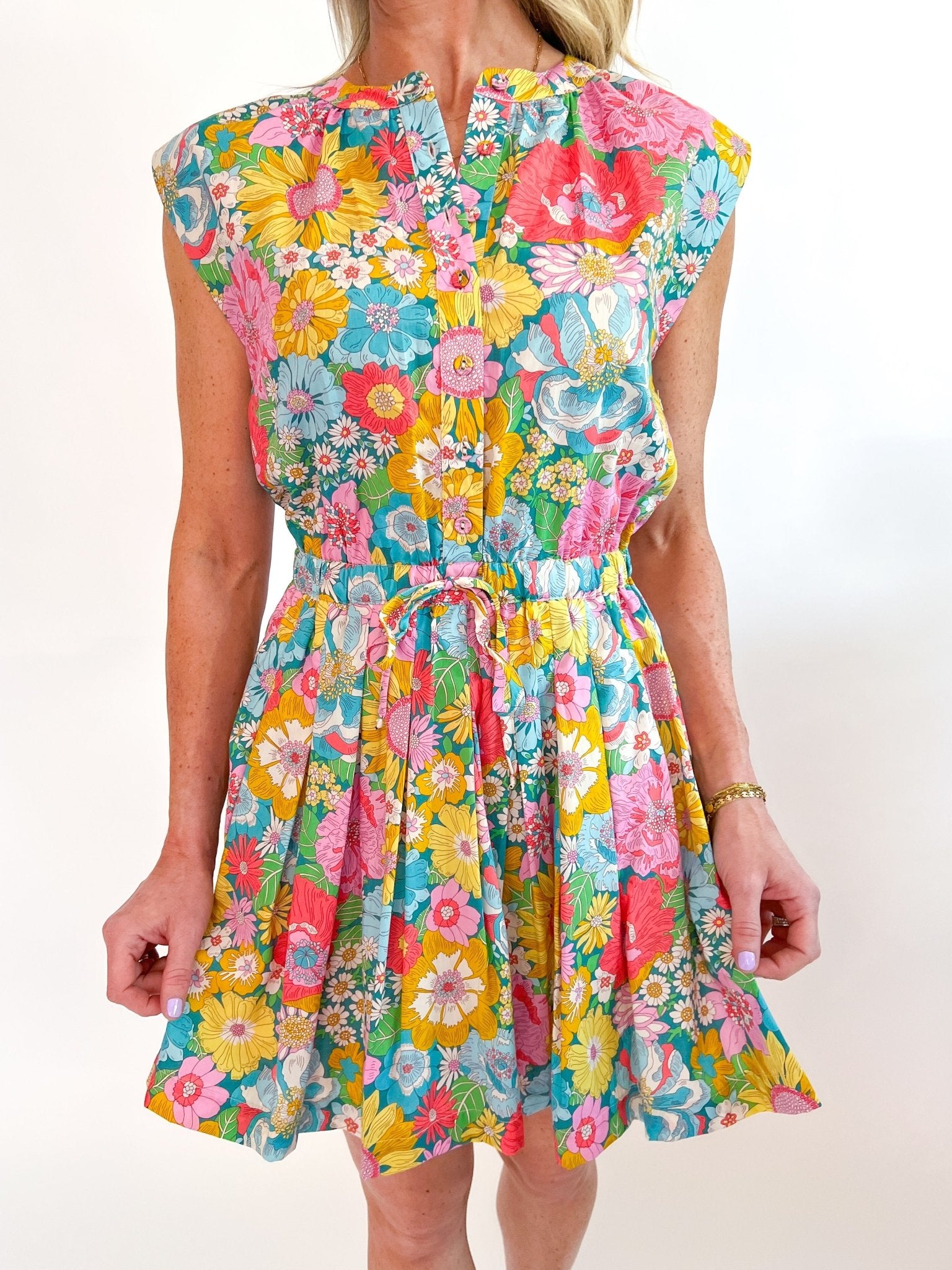 Floral mini dress with cap sleeves and tie waist