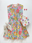 Floral mini dress with cap sleeves and tie waist