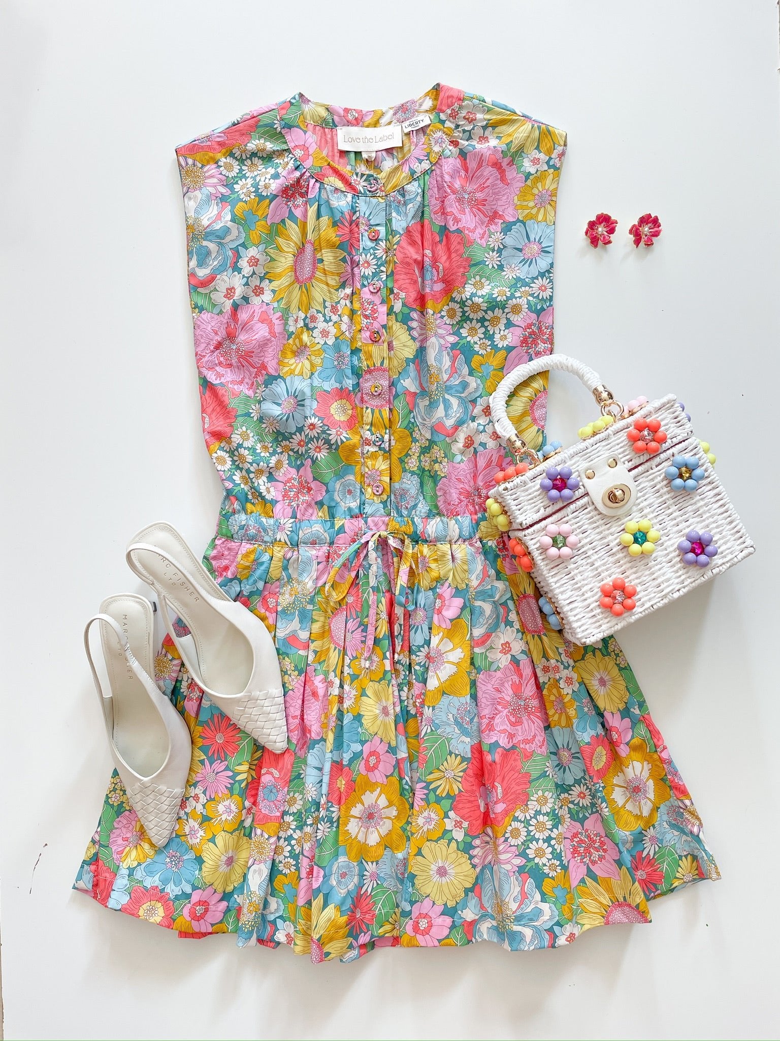 Floral mini dress with cap sleeves and tie waist
