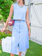 Blue denim crop top with back zipper