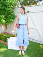 Powder Blue Zip Front Midi Skirt - Swoon Boutique New Orleans