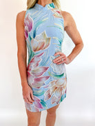 Blue floral mini dress with high neckline