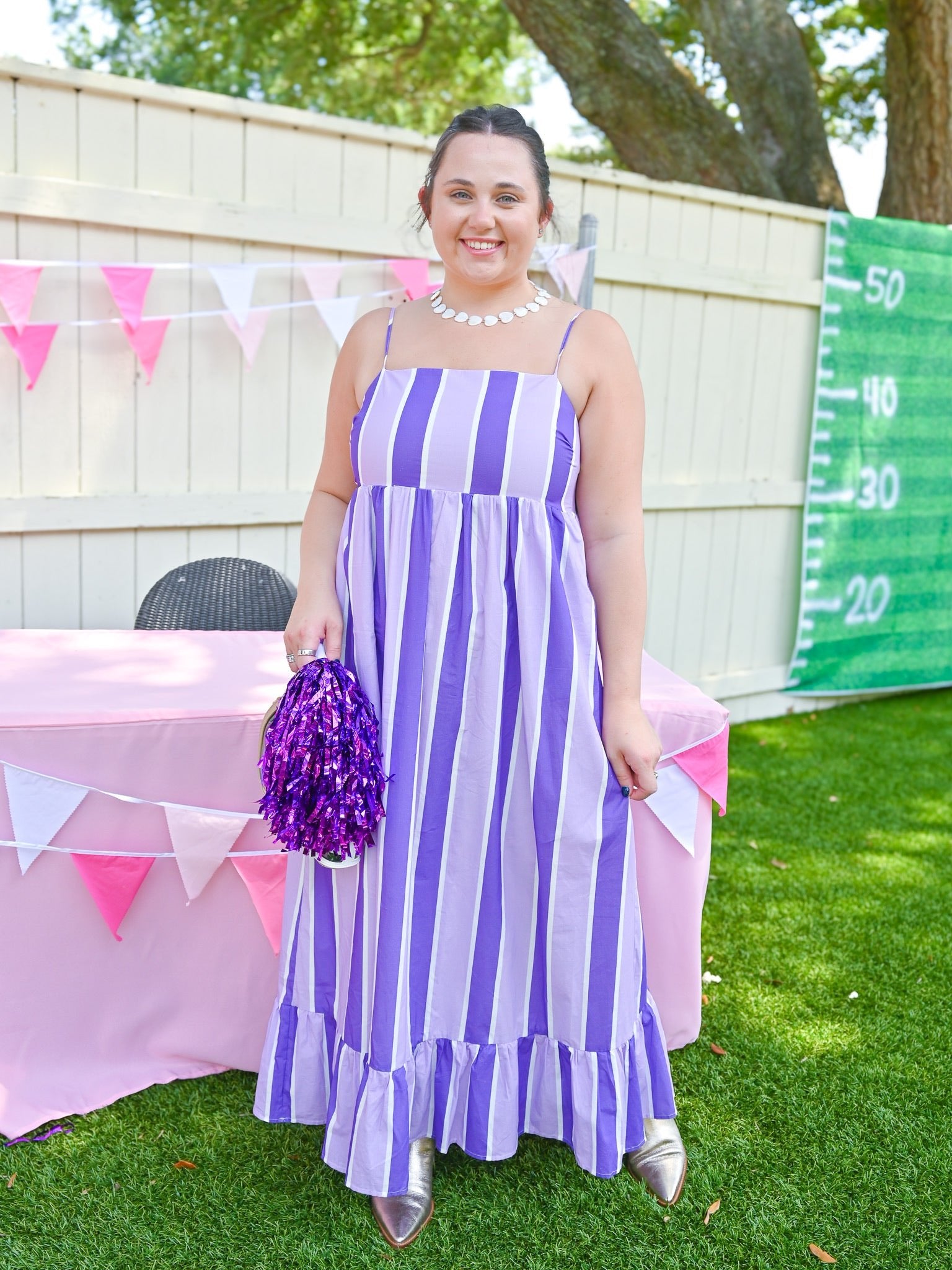 Purple striped maxi dress with ruffle hem