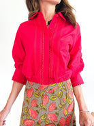 Red lace trim blouse with collared neckline