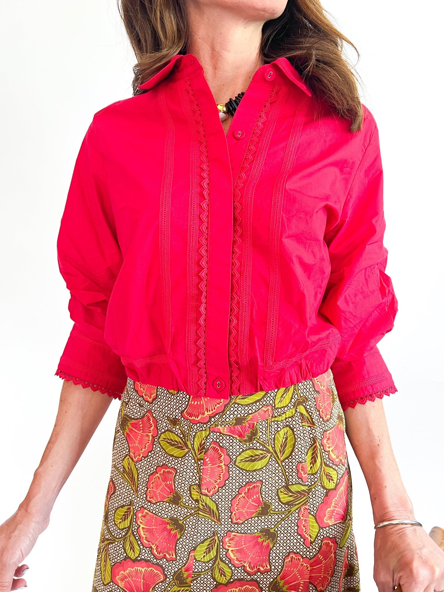 Red lace trim blouse with collared neckline