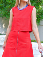 Red denim crop top with back zipper