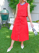 Red Denim Zip Front Midi Skirt - Swoon Boutique New Orleans