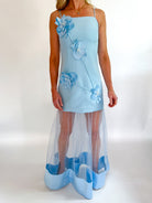 Blue floral 3D appliqué maxi gown