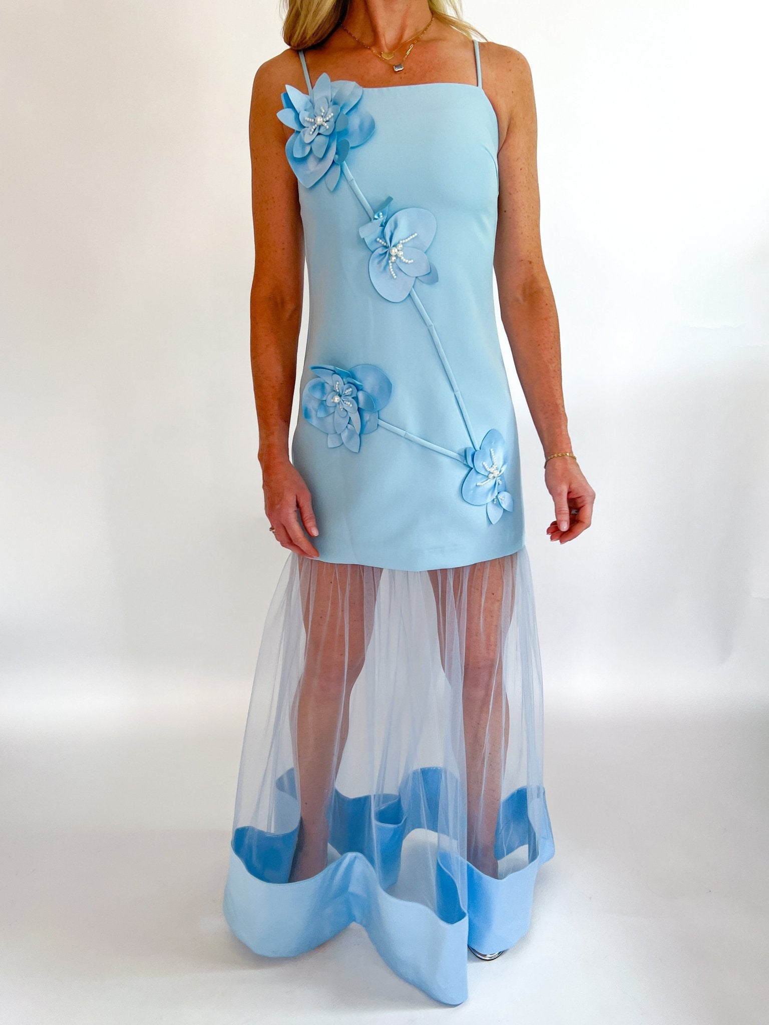 Blue floral 3D appliqué maxi gown