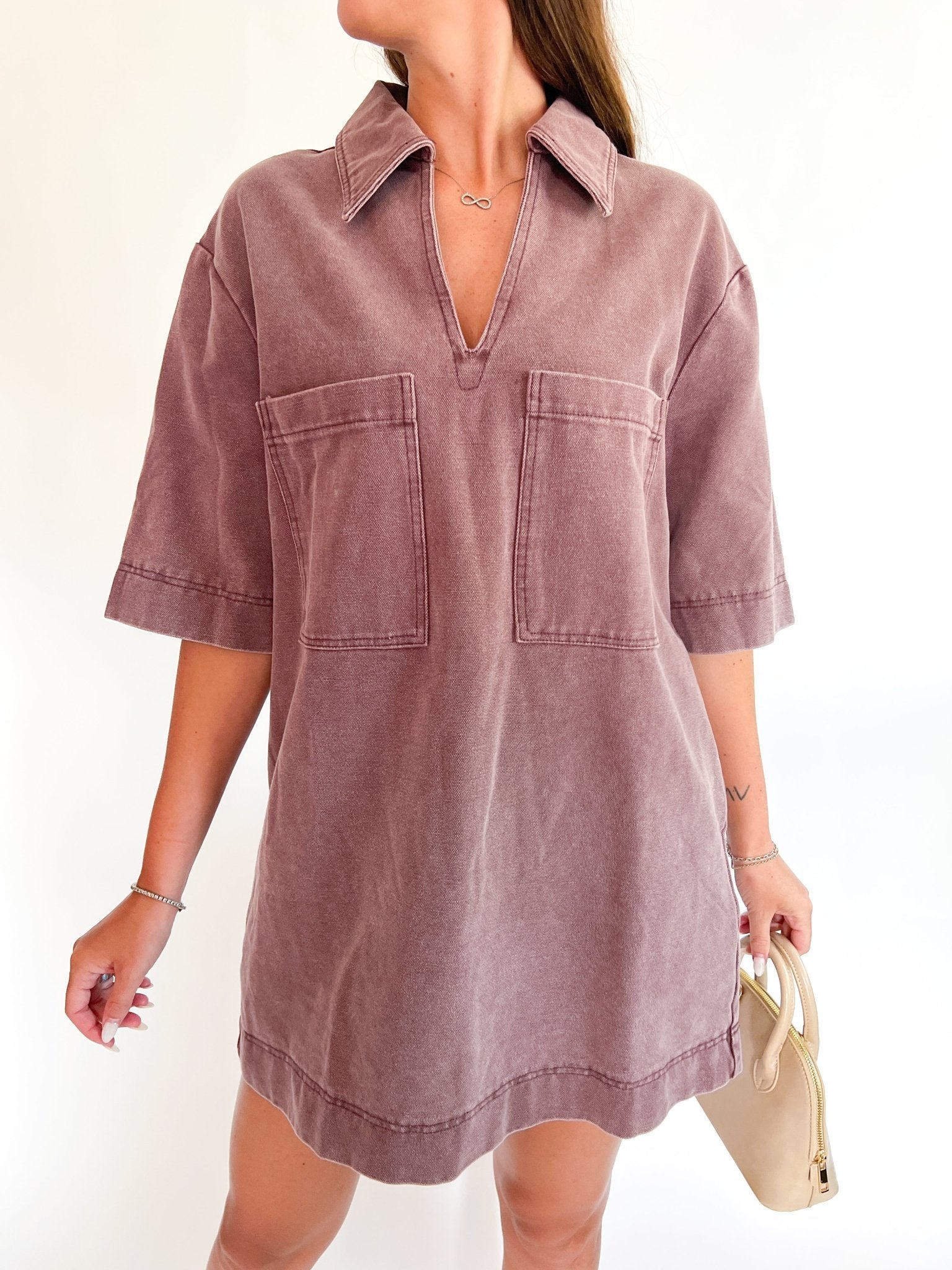 Brown washed mini dress with collared neckline