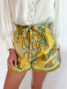 Yellow scroll print elastic waist shorts