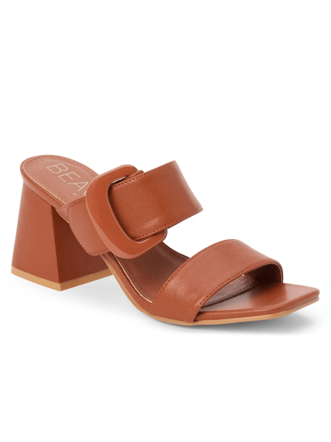 Cognac leather block heel sandal with buckle detail