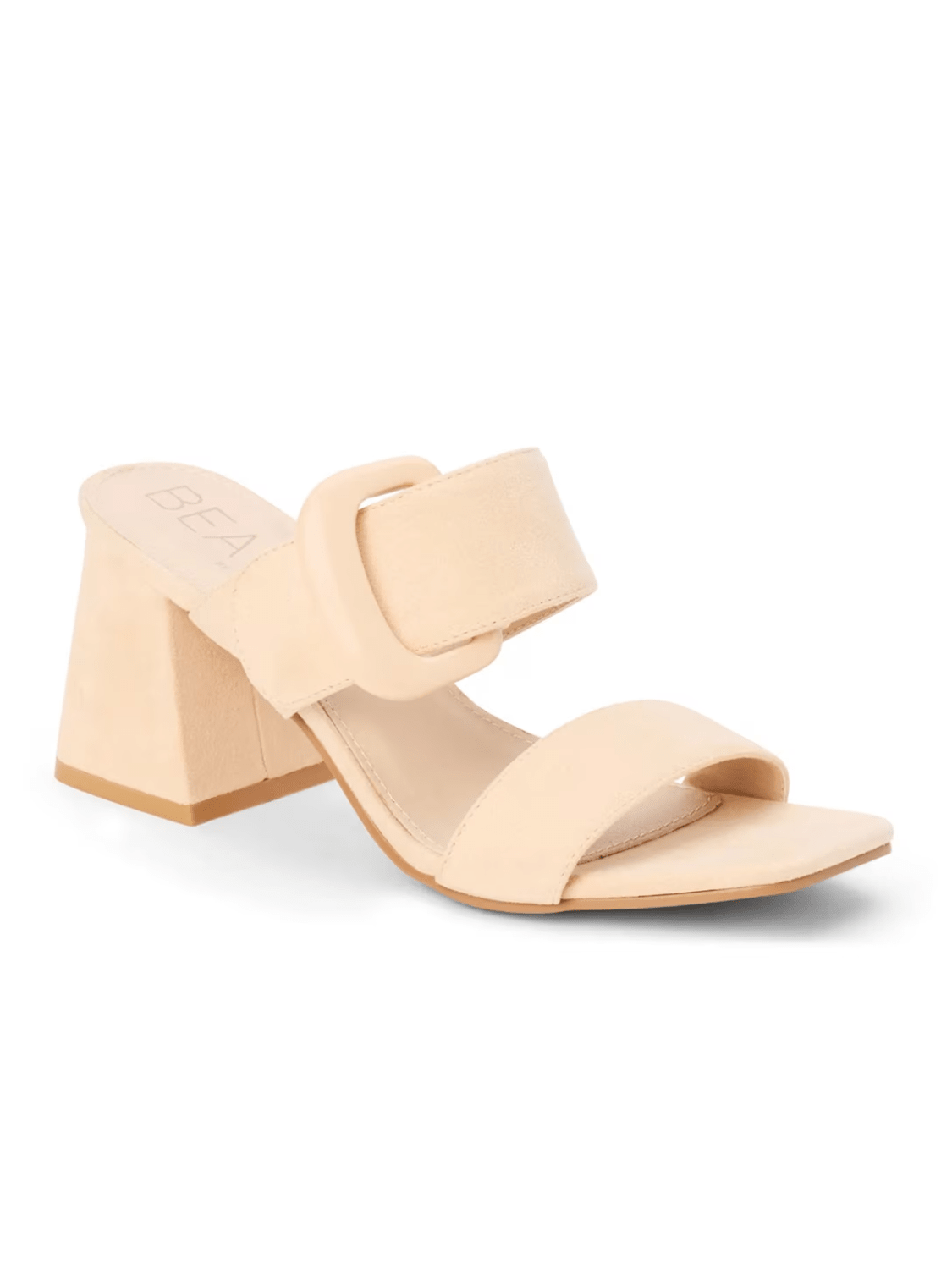Neutral suede block heel sandal with buckle detail
