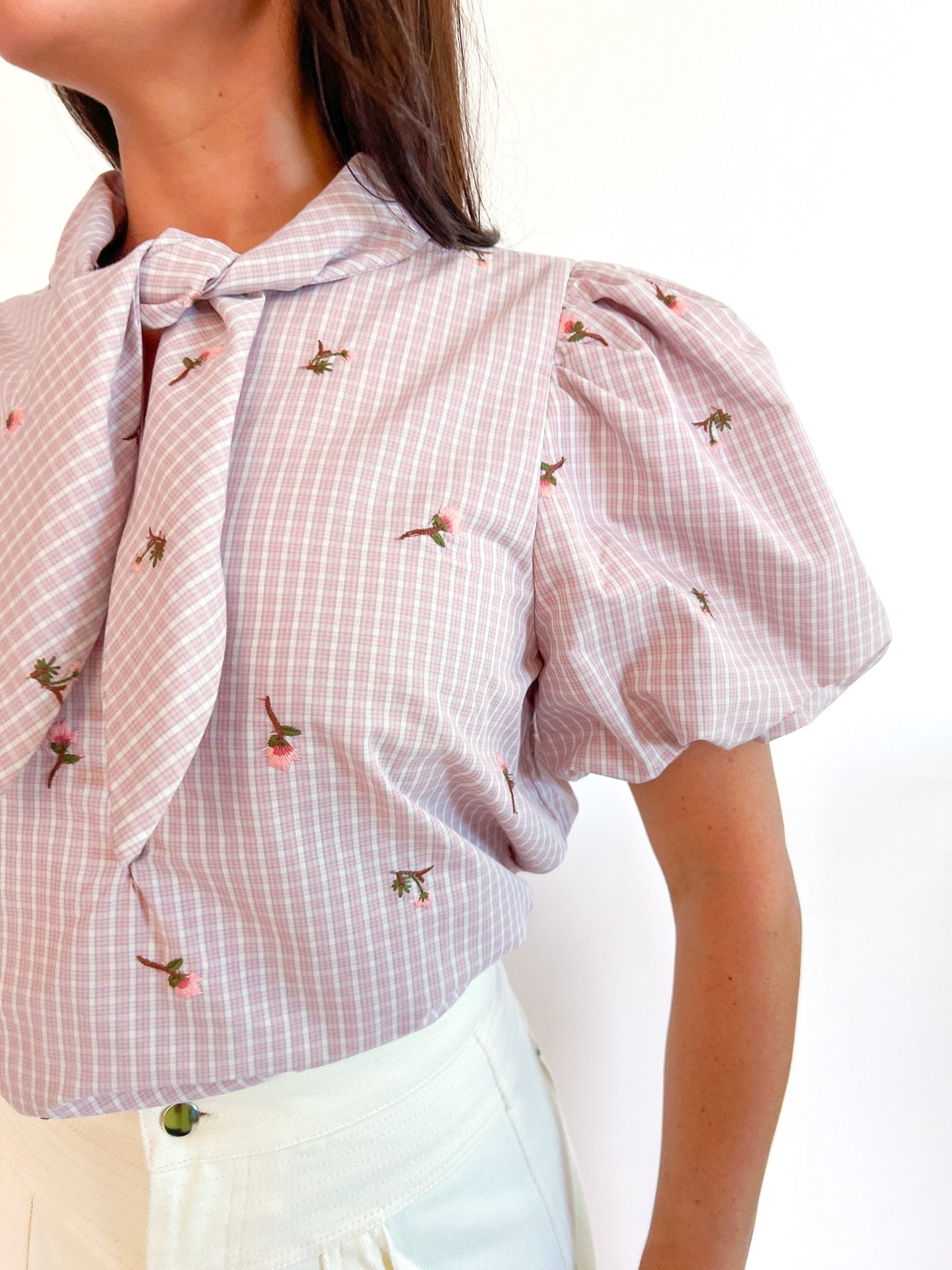 Samantha Tie Neck Embroidered Top - Swoon Boutique New Orleans