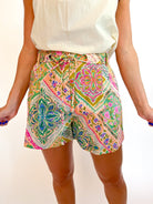 Pink tile print shorts with tie belt