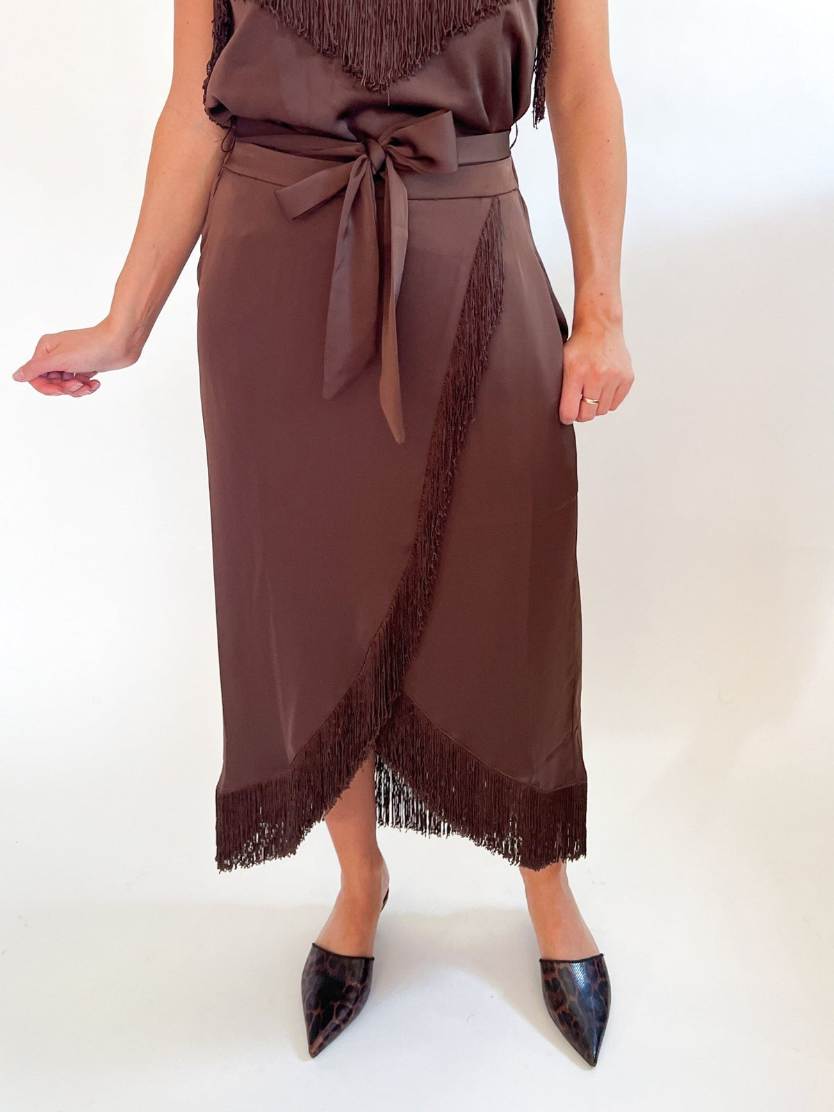 Sana Fringed Satin Wrap Midi Skirt - Swoon Boutique New Orleans